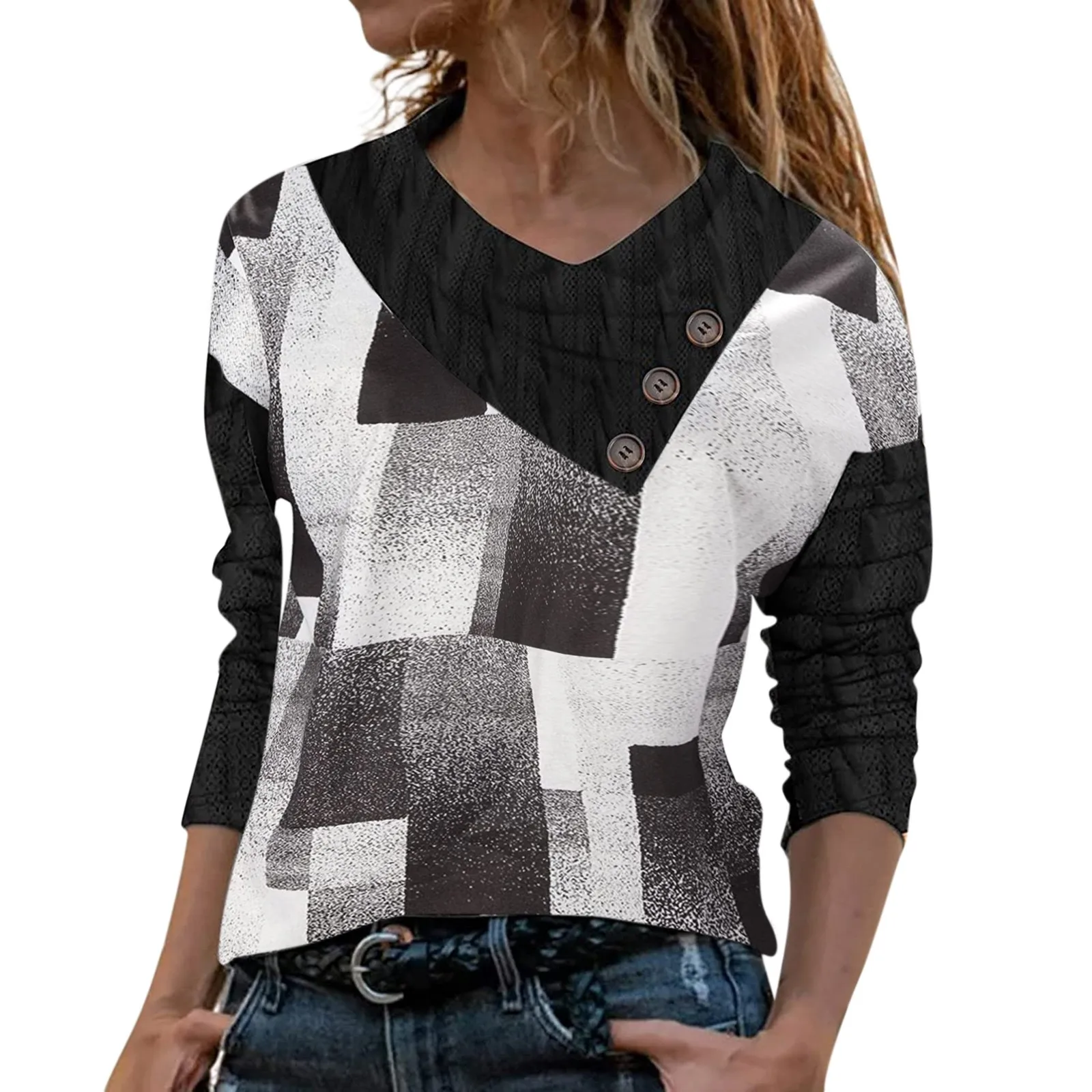 

Cross Collar V Neck Plaid print Womens T-Shirt Button Neck Pullover Tops Comfy Tee Autumn Spring Long Sleeve Female Tee shirt