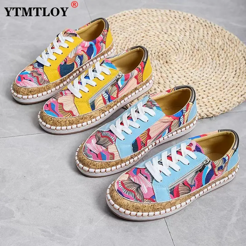 

New Women Casual Loafers Elegant Floral Printed Lace Up Flat Fashion Round Toe Vulcanized Shoes Outdoor Light Walking Shoes