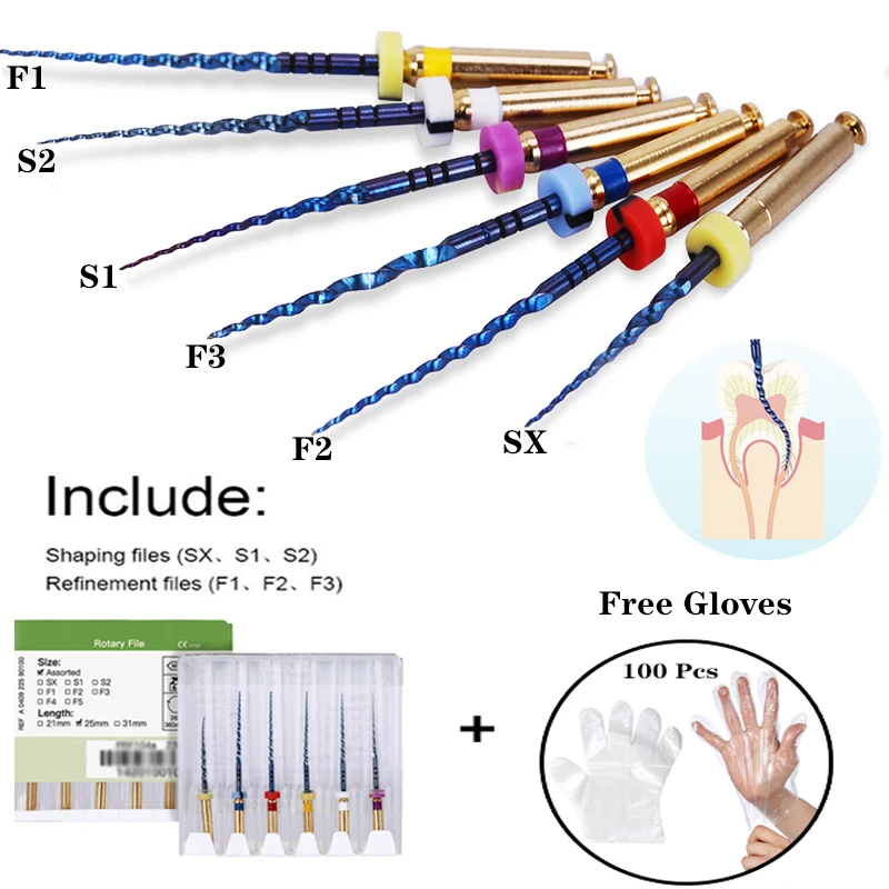

6pc/Box+Free Glove 100Pc Heat Activated Canal Root Files SX-F3 19/25mm Dentist Tools Can Bend for Preparing Root Canal Treatment