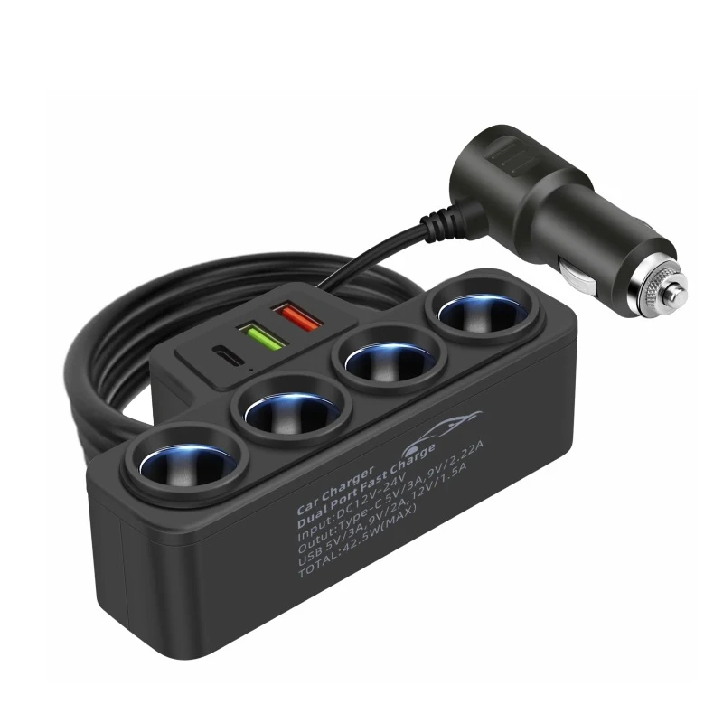 

Автомобильное зарядное устройство 120 Вт, четырехсигаретный разветвитель QC3.0 USB C PD, разъем для быстрой зарядки с кабелем 12 В 24 В, автомобильный адаптер