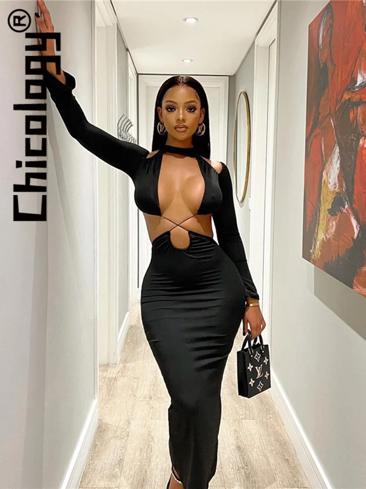 

Chicology Sexy Hollow Out Backless Long Sleeve Black Bodycon Maxi Dress Party Club Festival Evening 2022 Women Clothes Wholesale