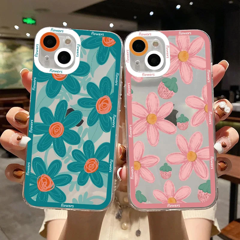 

Hand Painted Flower Clear Phone Case For iPhone 14 13 11 12 Pro MAX 7 8Plus SE 2020 X XR XS Fashion Transparent Back Cover funda