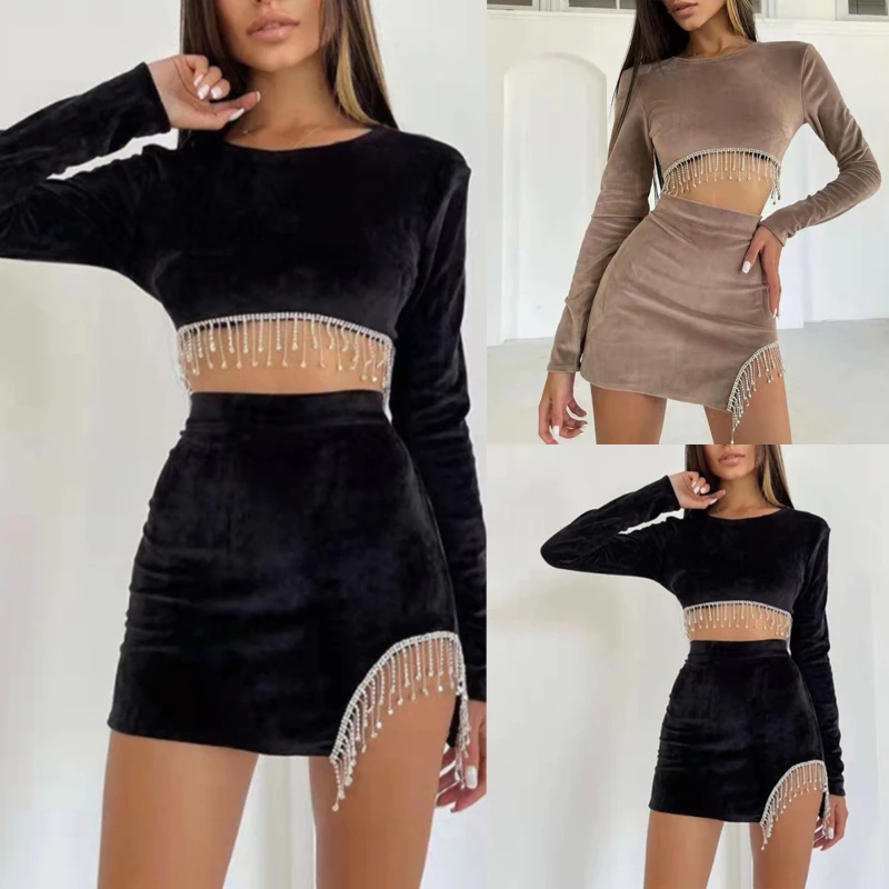 

Women Sexy Streetwear Rhinestones Tassel Skirts 2 Piece Outfits Zipper Off The Shoulder Crop Top Mini Skirts Two Piece Set Dress