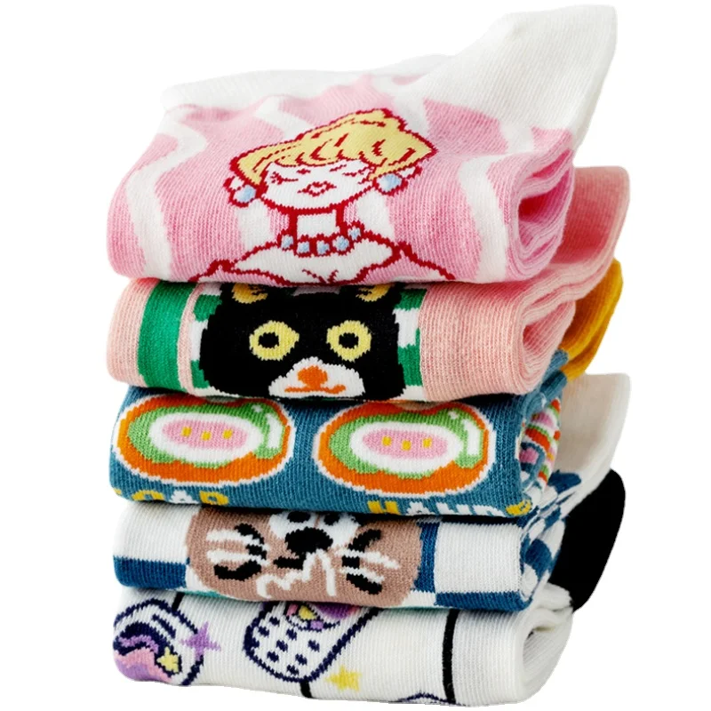 Japanese Summer Cartoon Shallow Mouthed Breathable Anti Slip Low Tube Socks-5 Pairs Set