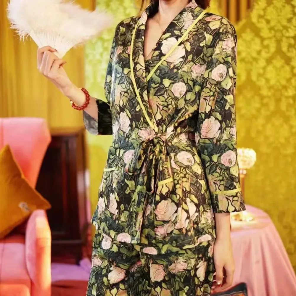 Floral Satin Sleep&Lounge Long Sleeve Pants Homewear Suit Women's Pajamas 2 Pcs Set Rosa Bush