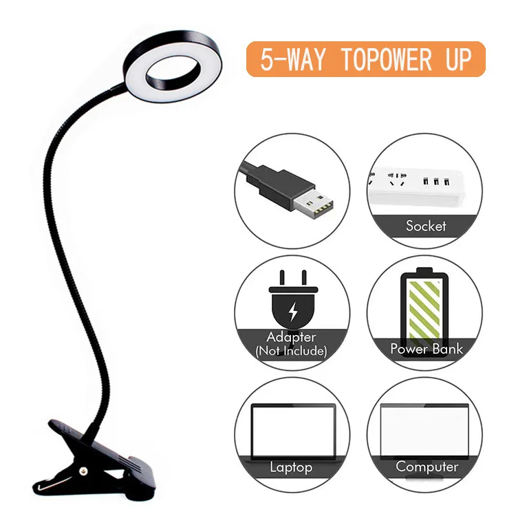 

Креативная Настольная лампа с USB-зажимом, настольные лампы для чтения для ухода за глазами для студентов, универсальная прикроватная лампа с гибким шлангом, 3 тона, настольная лампа с зажимом