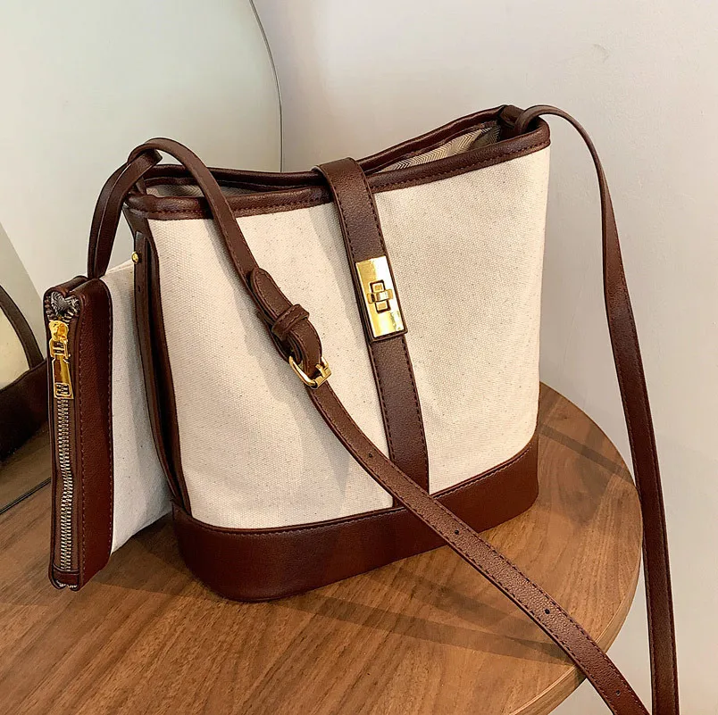 

European and American Large-capacity Bag Women Wild 2021 New Trendy Fashion Messenger Bag Canvas Bag Shoulder Bucket Bag Big Bag