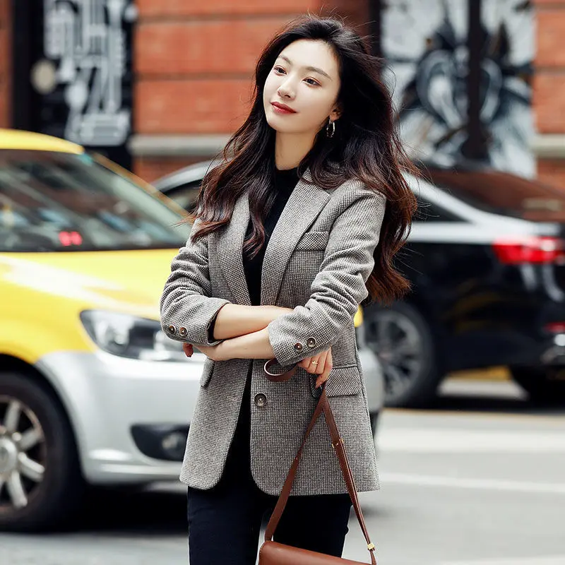 Модный женский офисный костюм в Корейском стиле, подходящие ко всему клетчатые блейзеры, женские зимние пальто 2022, осенняя твидовая куртка, шикарное пальто для женщин