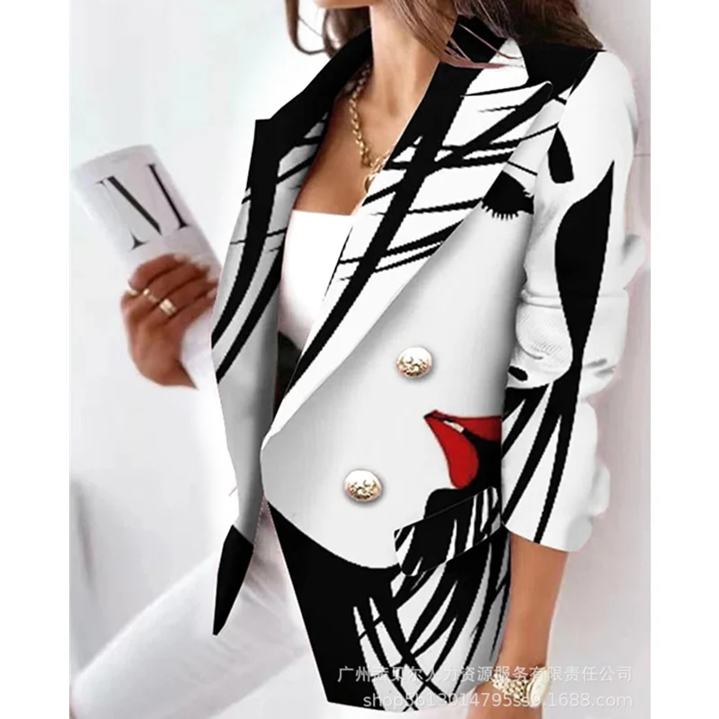 

Face Print Long Sleeve Double Breasted Blazer Top Women Fashion Lapel Collar Loose Coat Jacket Outwear Spring Autumn