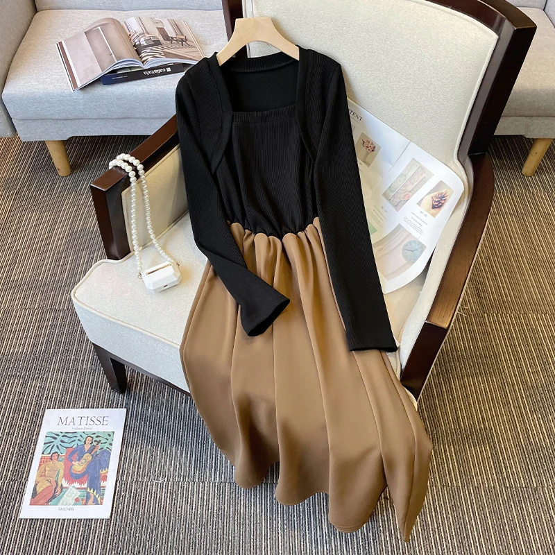 

Autumn Elegant Casual Women's Dresses Sexy Square-Neck Long Sleeve Patchwork Party Dress Office Lady Work Vestidos Robe