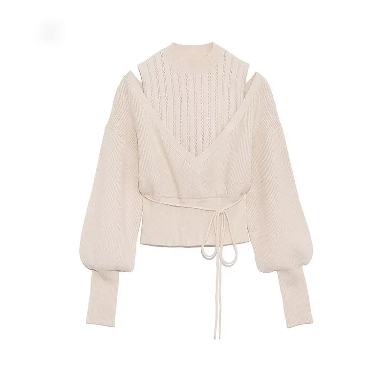

Kuzuwata Half-high Collar Drawstring Knitted Sweaters Sweet Loose Shoulder Strapless Women Jackrt Autumn Winter New Pullovers