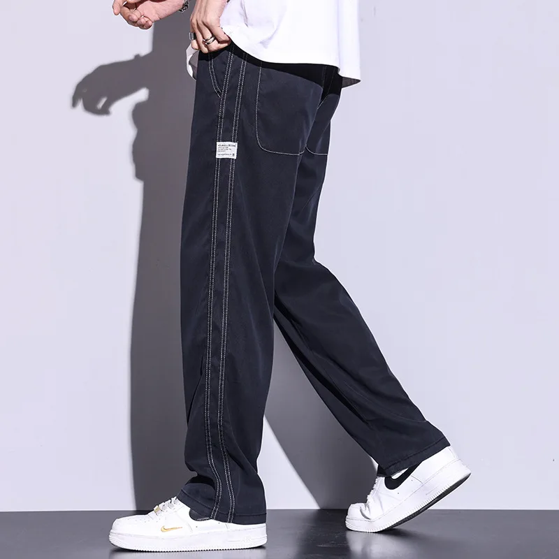 Men's Lyocell Fabric Summer Jeans Straight Tube Loose Thin Belt Drawstring Elastic Waist Drop Feeling Ice Silk Pants, Large Size