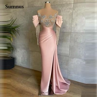 sumnus luxury mermaid beading evening dress off shoulder long sleeve appliques formal prom gowns with slit plus size customize