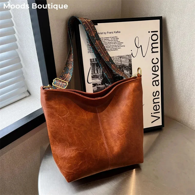 

Retro Bucket Shoulder Bags For Women Soft PU Leather Solid Color Large Capacity Shopping Tote 2023 Designer Luxury Bag Sac