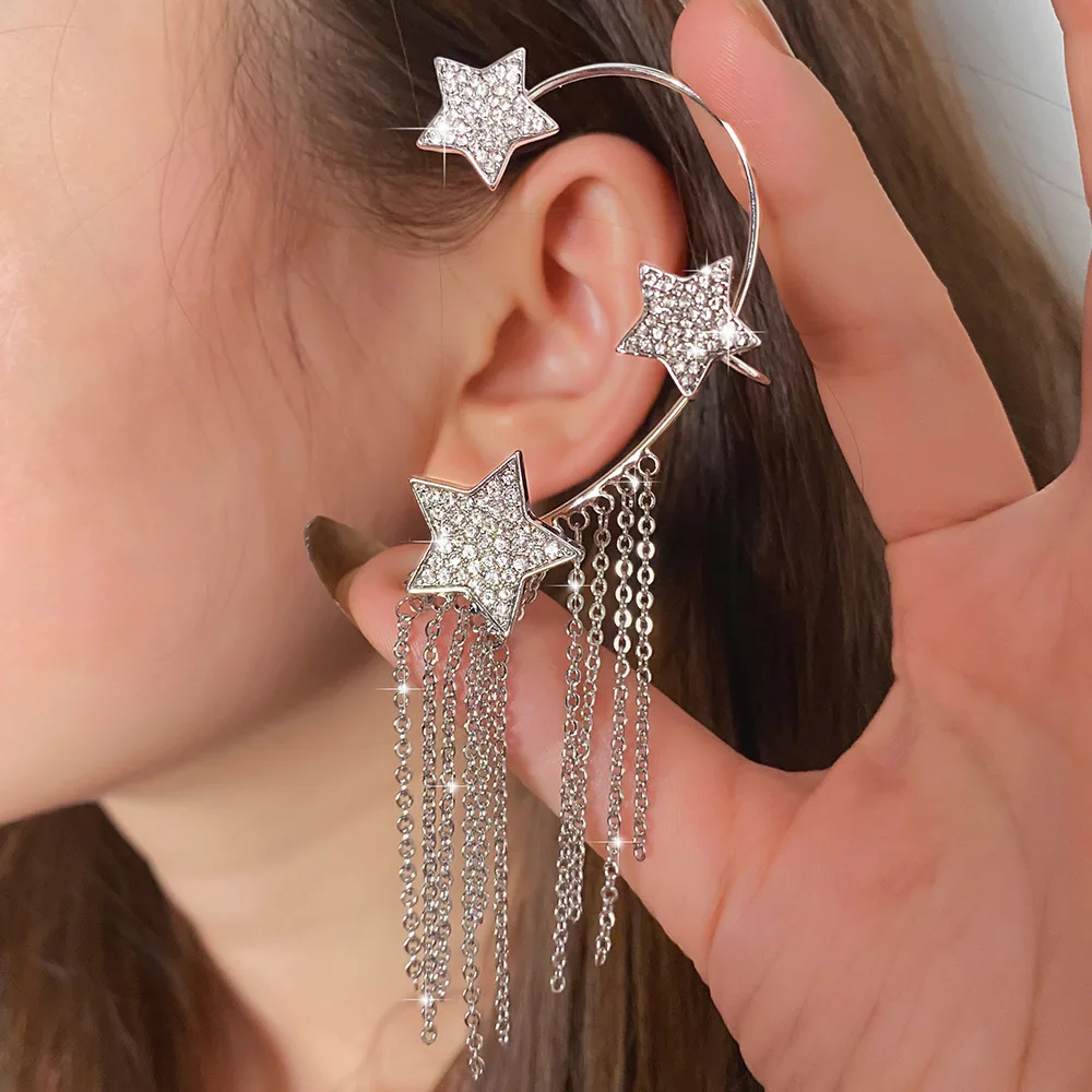 

New Korean Tassel Stars Ear Clip Cuff Wrap Earrings No Piercing-Clip On Cartilage Earrings for Women Crystals Earring