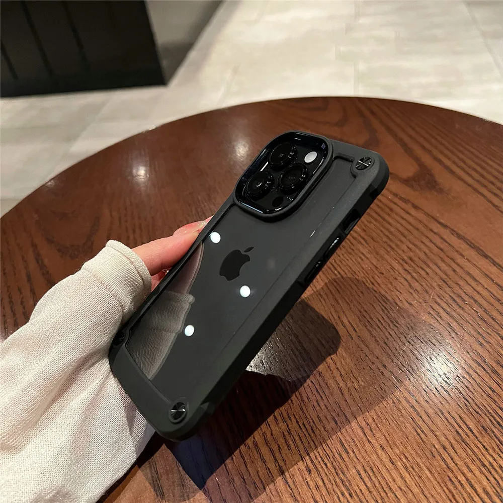 Luxury Clear Armor Shockproof Acrylic Hard Case for iphone 14 Pro Max 13 12 Pro 11 X XS XR 7 8 Plus SE Metal Button Cover