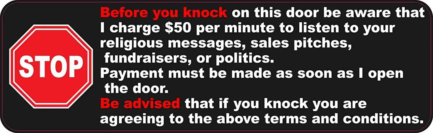 

For Stop Sign Before You Knock Vinyl No Soliciting Sticker, 10 inches by 3