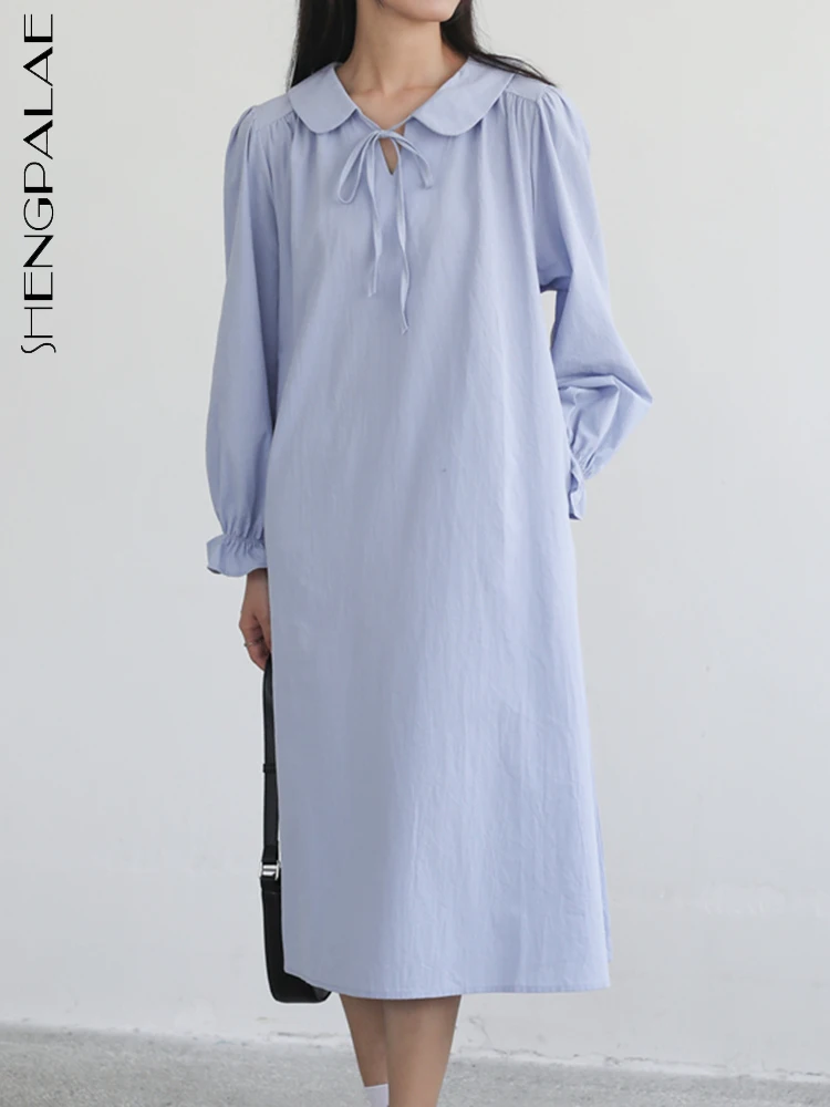 

SHENGPALAE Fashion Shirt Dress For Women Lapel Full Sleeve Lace Up Waist Solid Color A-line Casual Robe Autumn 2023 New 5R5386