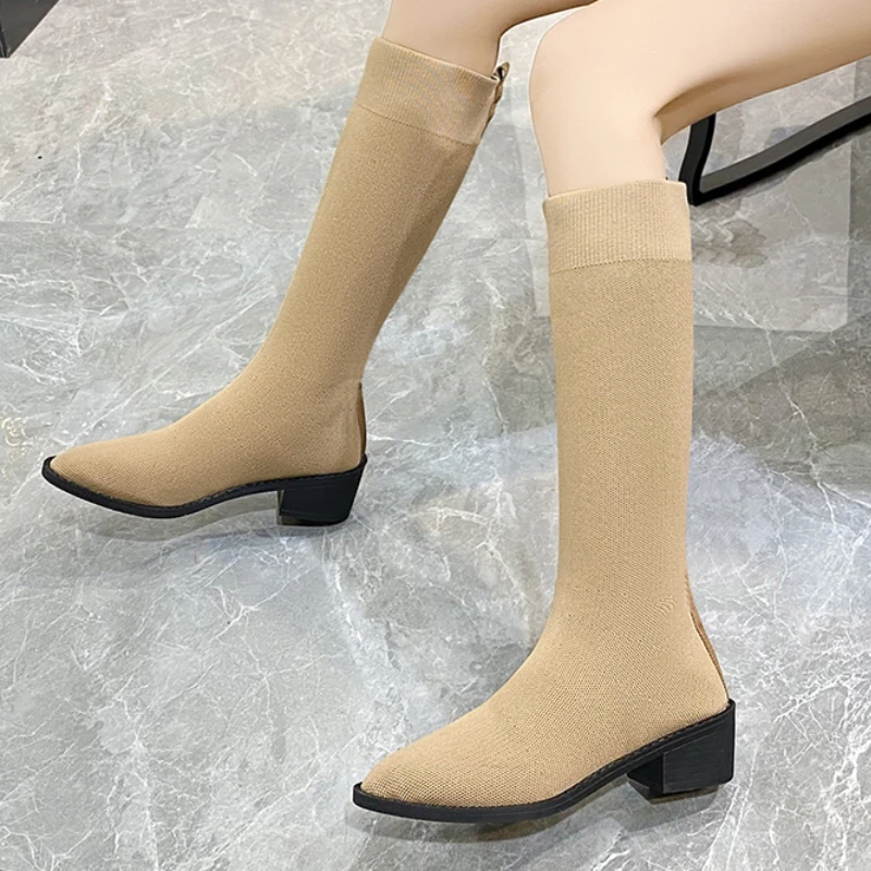 

Women's Boots 2022 Autumn Fashion Mesh Boots Round Head Mid-calf Boots Woman Slip-on Elastic Boots Casual Boots Female boots