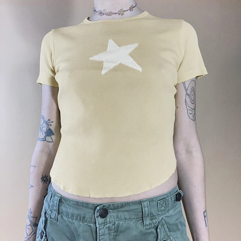 

Укороченные топы Y2K в стиле ретро со звездами в стиле пэчворк, шикарные женские облегающие Базовые Футболки с круглым вырезом, корейская мода, винтажная гранж-футболка в стиле 90-х годов для торговых центров