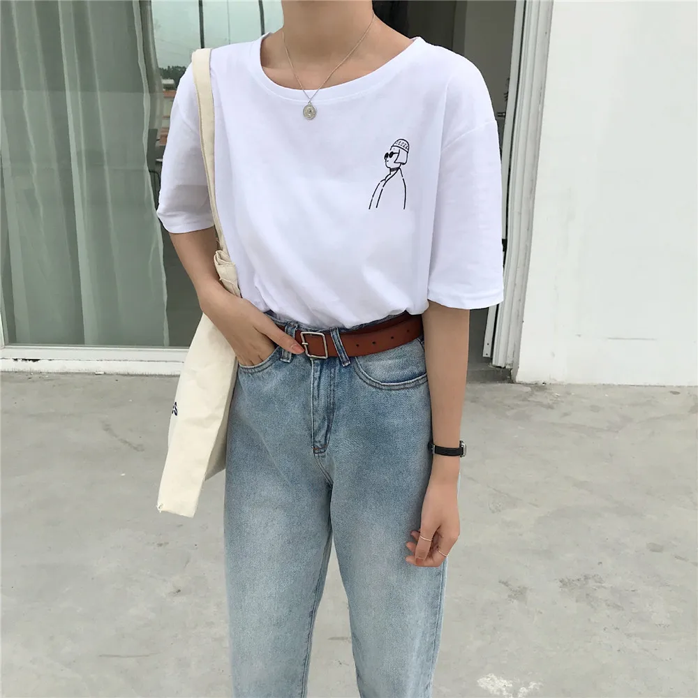 

Женская белая футболка, свободная футболка с рисунком злодея, с коротким рукавом, для женщин, студентов, топы для отдыха, лето
