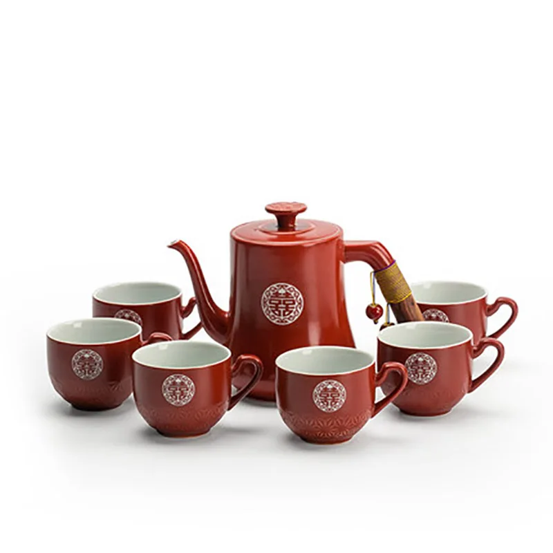 

Chinese Wedding Supplies Double Happiness Red Household Ceramic Tea Set Teapot Cup with Serving Tea Tray Souvenir Gift Porcelain