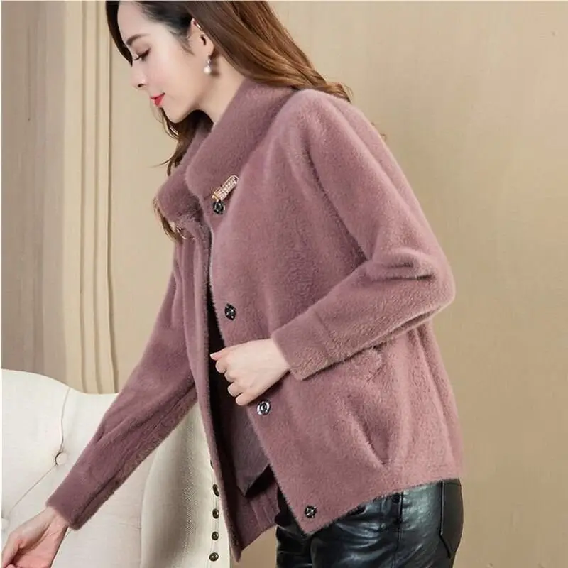 

2022 Women's Spring Autumn New Short Imitation Mink Velvet Coats Female Stand Collar Cardigans Ladies Solid Color Jackets W342