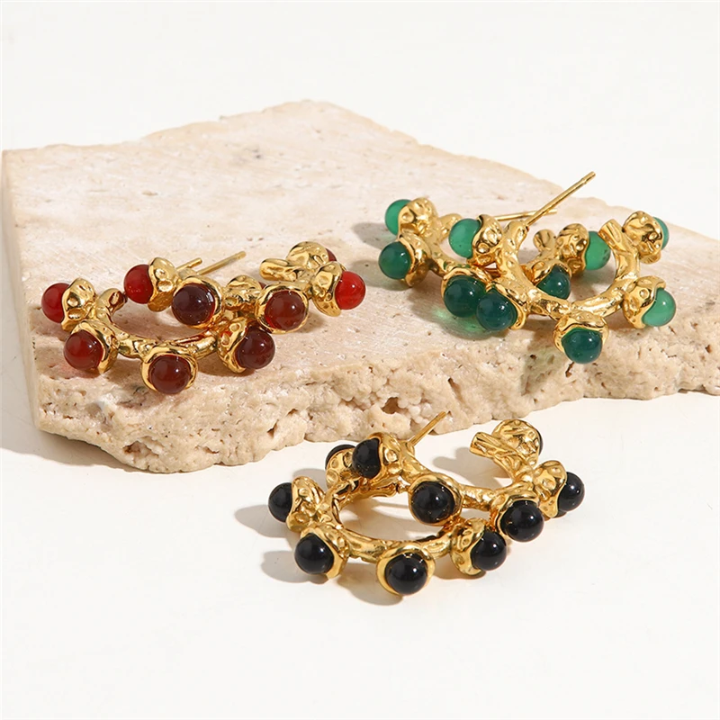 

Vintage Round Beads Series Red/green/black natural Stone Earrings Female fashion female exquisite stud jewelry