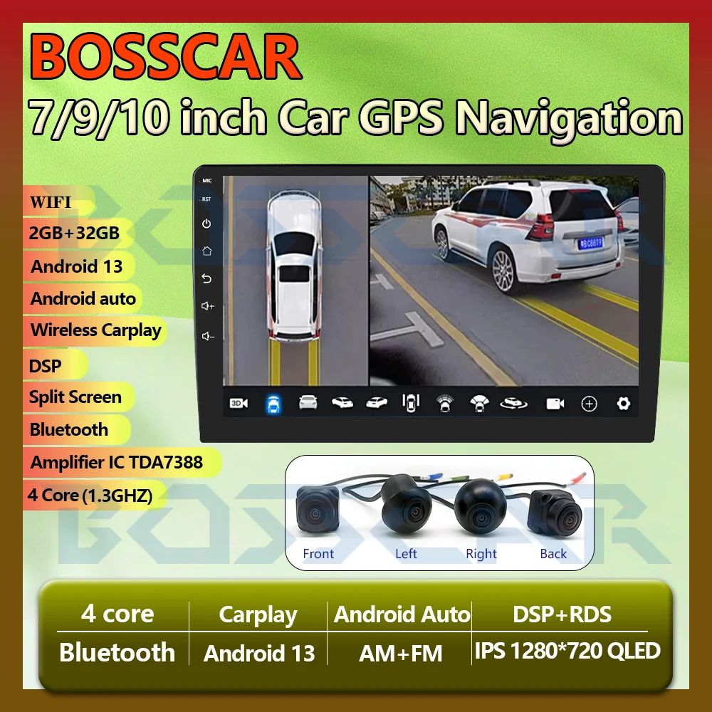 Фото BOSSCAR Android Автомобильный смарт-экран 7 9 10-дюймовый беспроводной Carplay и 360 градусов передняя левая правая задняя панорамная камера комбинированная №1