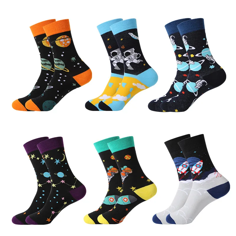 

New astronaut Mens Socks Hip Hop Harajuku Kawaii Cartoon Cotton Socks spaceman Happy Casual Socks Gifts for Men