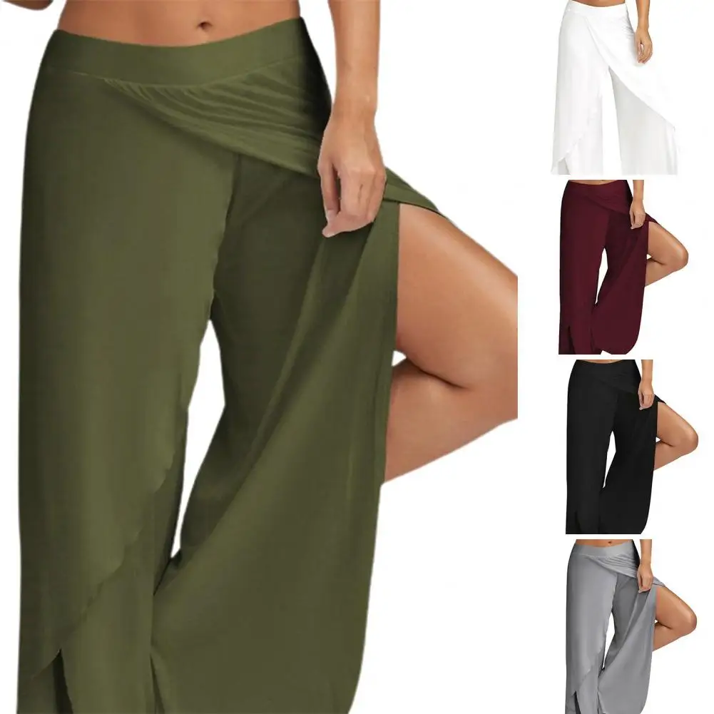 

Women's Pants Elastic Waist Mid-Rise Solid Color Straight Yoga Pants Women Split Wide Leg Cropped Pants Trousers Female Clothing