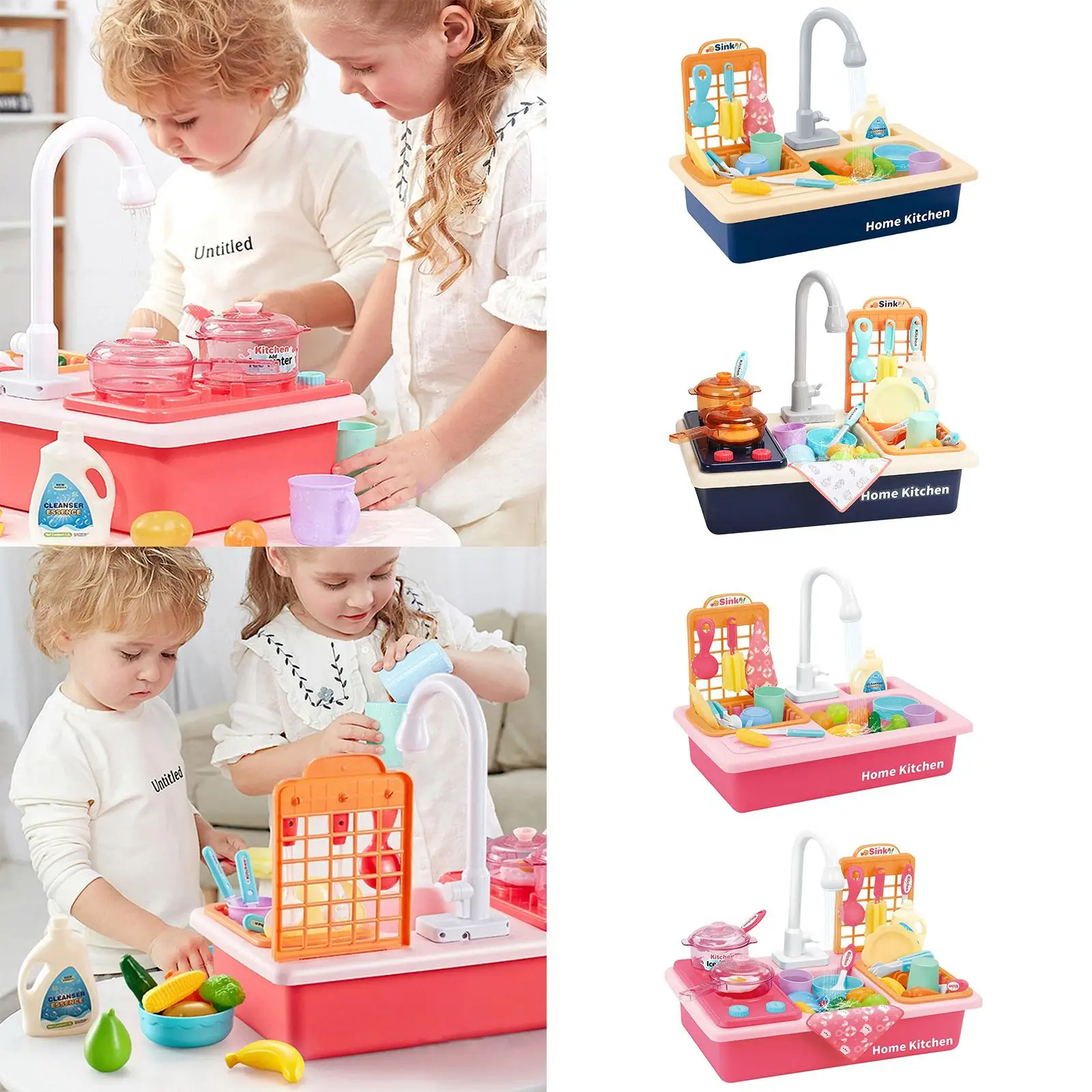 Kitchen Sink Toys Children Electric Dishwasher Playing Toy Sink Playset with Running Water House Pretend Role Play Toys
