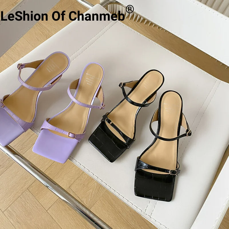 

LeShion Of Chanmeb Genuine Leather Women Slippers Thin High Heeled Mules Non-skid Slides Double-buckle Narrow Band Beach Sandals