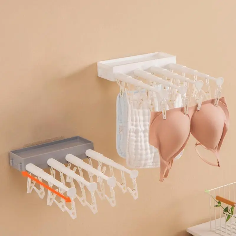 

Wall Mounted Clothes Drying Rack Space Saver Laundry Clothes Dryer Hanger With Clips Household Socks Underwear Panties Storage