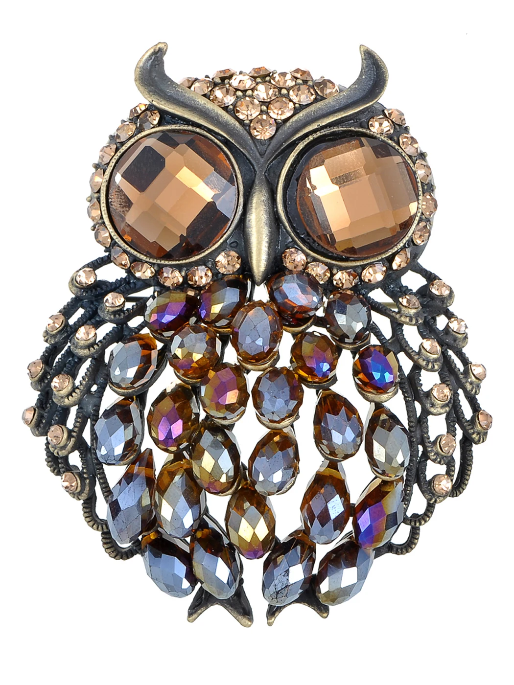 

Brass Tone Topaz Rainbow Crystal Rhinestone Big Eyes Owl Bird Brooch Pin