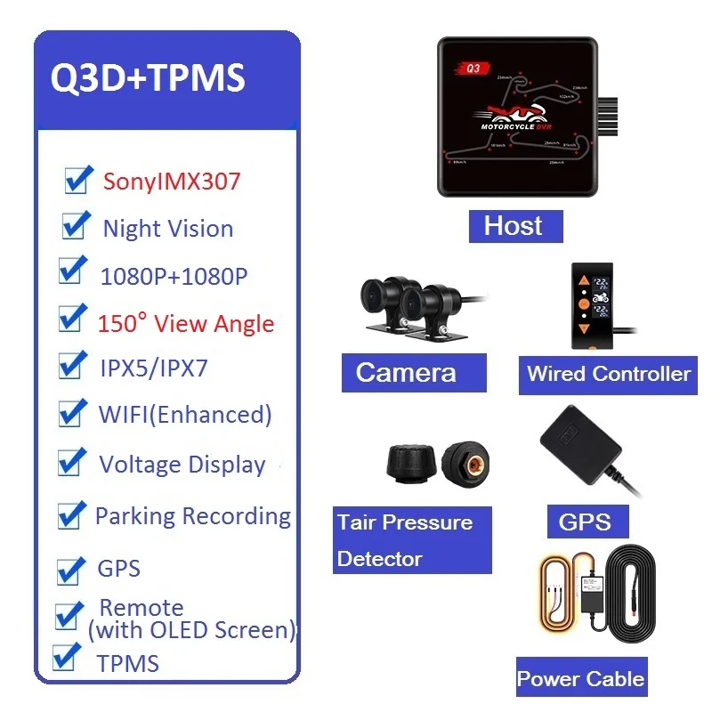 

VSYSTO Q3 Мотоциклетная камера OLED-экран Проводной контроллер с TPMS, записью парковки, GPS, высокоскоростной Wi-Fi видеорегистратор для мотоцикла