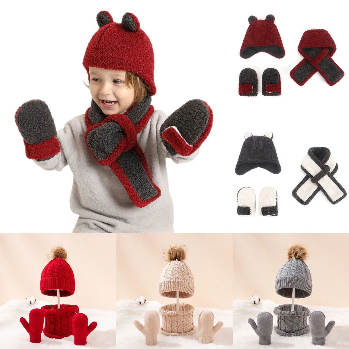 

Winter Warm Baby Solid Color Hat Gloves Scarf Set Fur Ball Beanies Mitten Scarves Kit for Toddler Girls Boys Knitted Hemming