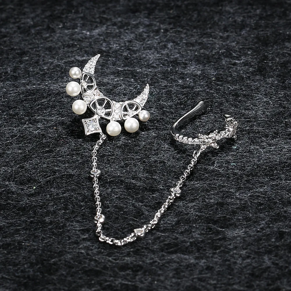 

APM STYLE High Quality 925 Sterling Silver Single Moon Stud Earring Bone Clip With Diamond Temperament Earline Pendant