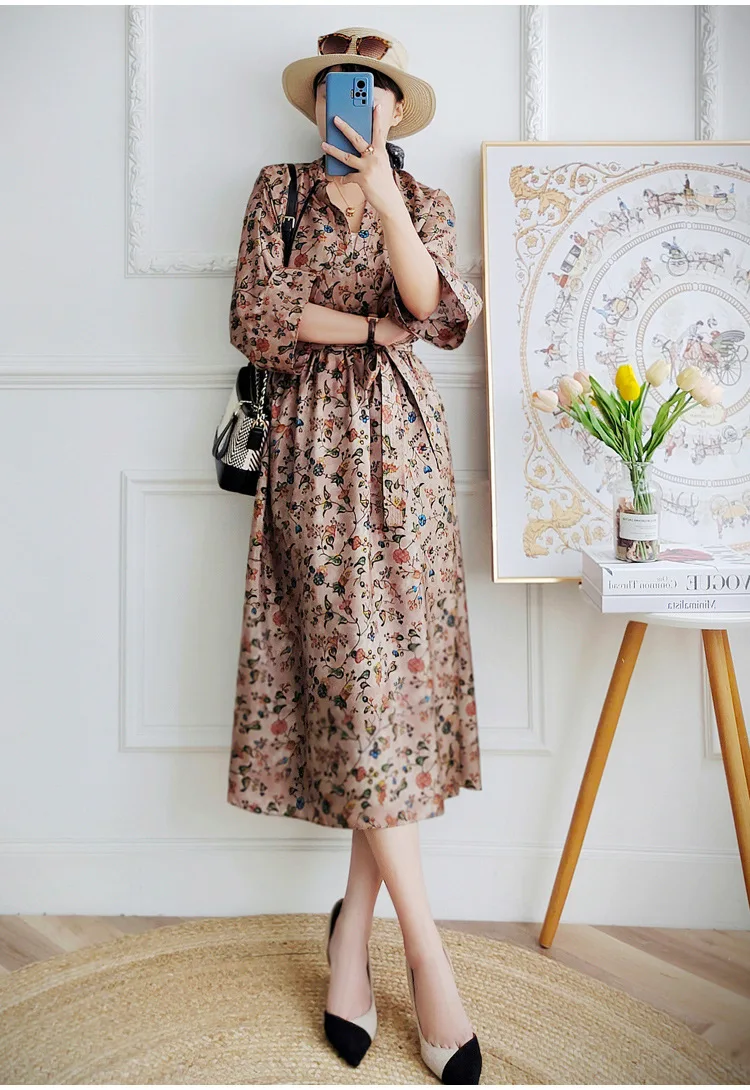 

Women's Half Open Neck Dress High End 16mm Silk Chinese Style Printing Loose Nine Point Sleeves Elastic Waist Early Autumn 2023