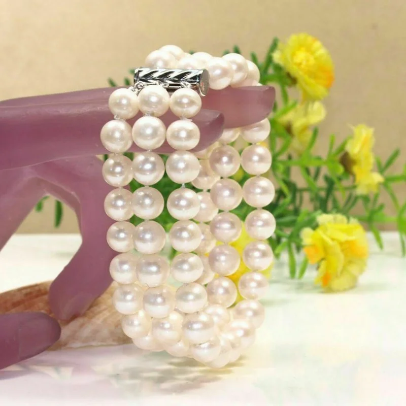

3 Rows 8-9mm Real Natural White Cultured Pearl Bracelet Bangle 7.5'' AAA+