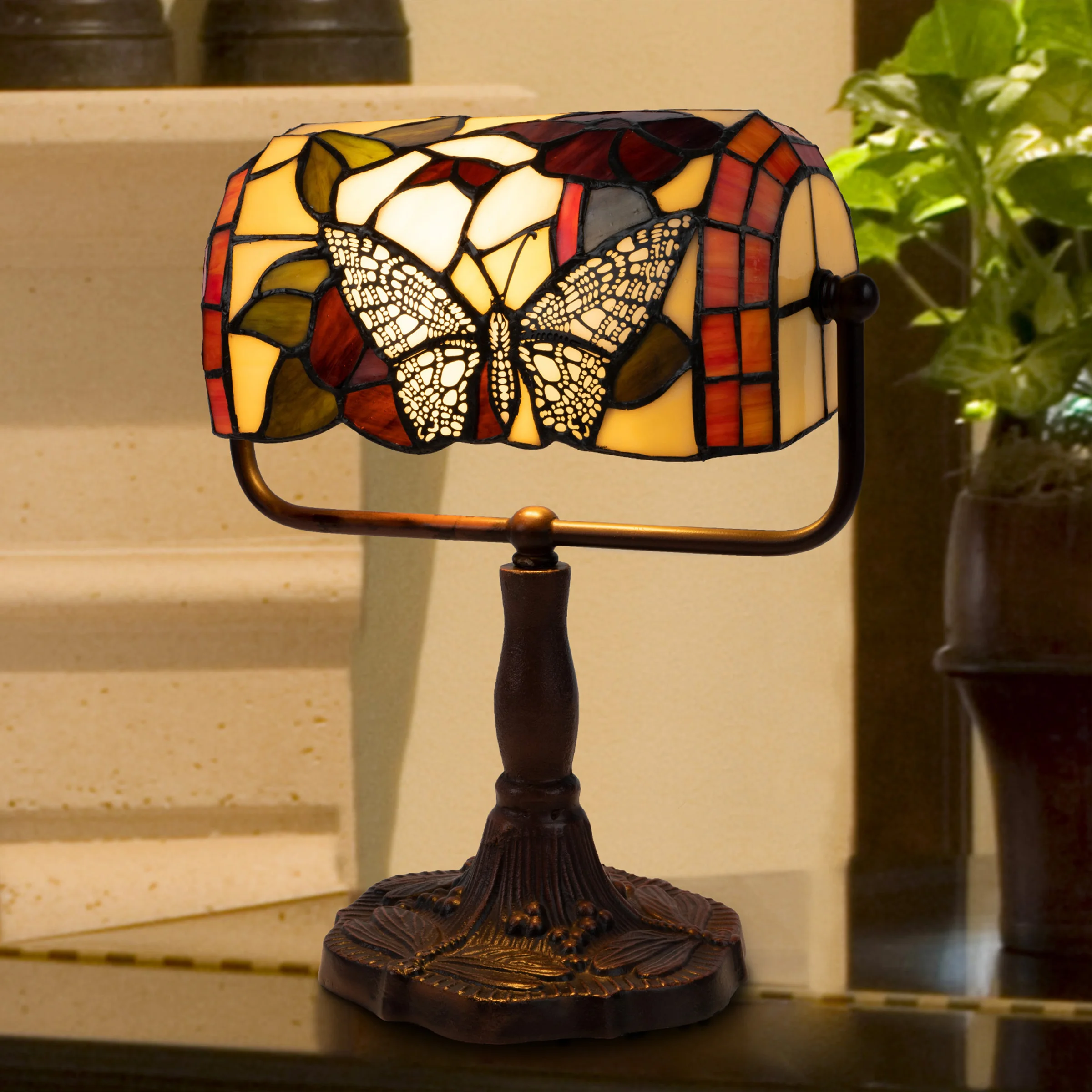 

Tiffany Style Bankers Lamp-Stained Glass Design Table or Desk Light LED Bulb Included-Vintage Look Colorful Accent Décor by