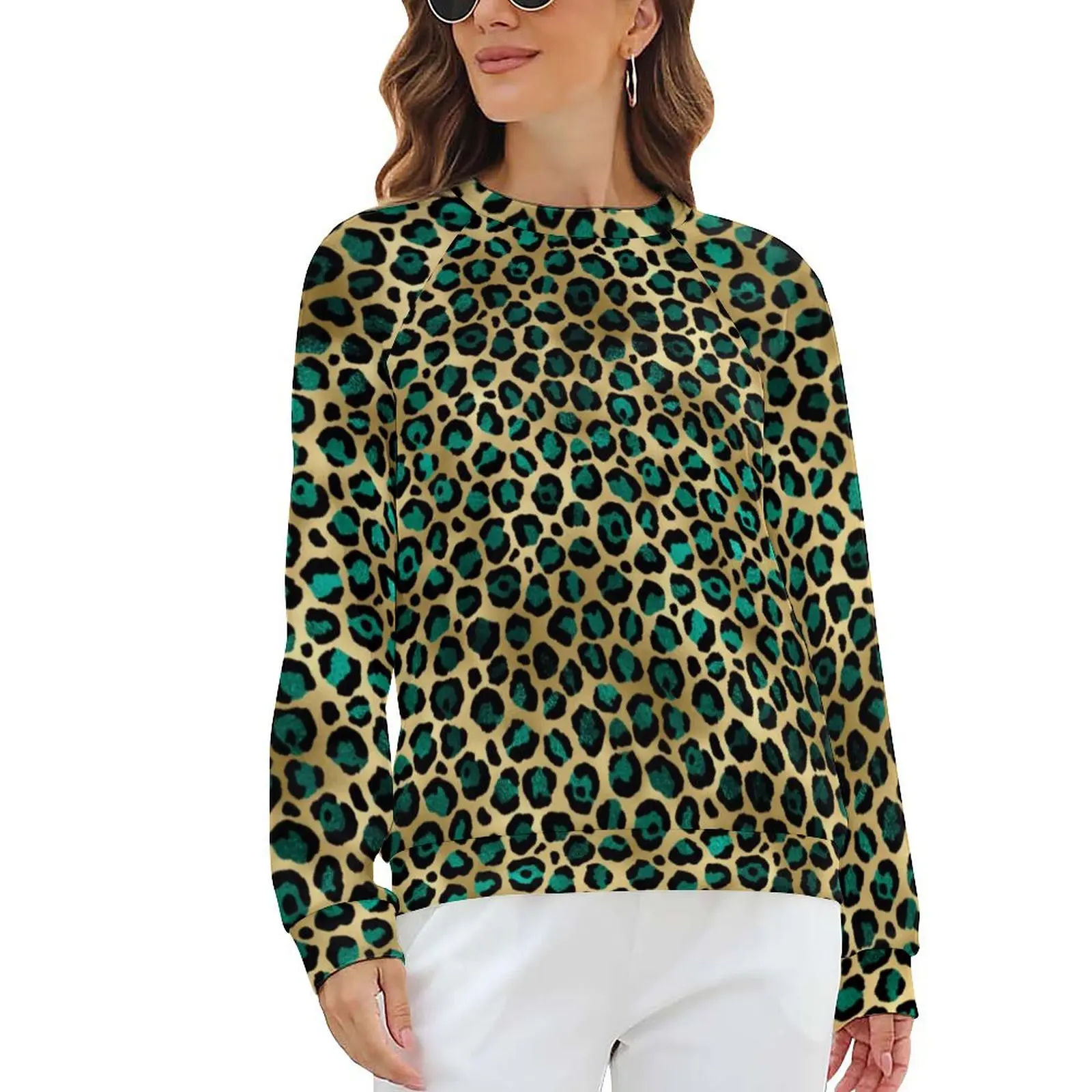 

Teal And Gold Leopard Casual Hoodies Spring Spots Print Kawaii Hoodie Lady Long Sleeve Oversize Street Style Graphic Sweatshirts