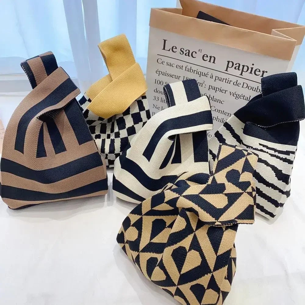 

Mini Reusable Plaid Color Stripe Wide Shopping Knit Handbag Bag Handmade Student Female Casual Knot Bag Wrist-bag Tote Women