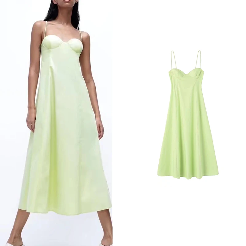 

Summer 2022 Women Green Poplin Strap Dress Sweetheart Neck Sleeveless Ladies Elegant Long Dress Vestidos HH6883
