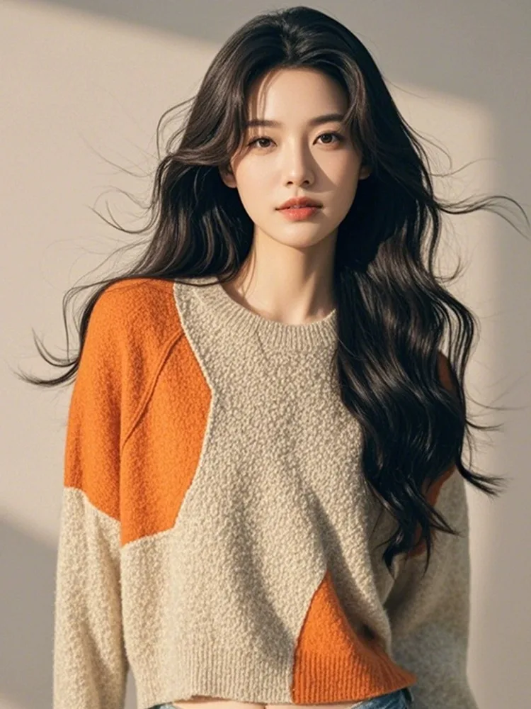 Brown Patchwork Round neck sweater Women 2024 Autumn and Winter New Retro French sle Graceful High Sense Knit Top