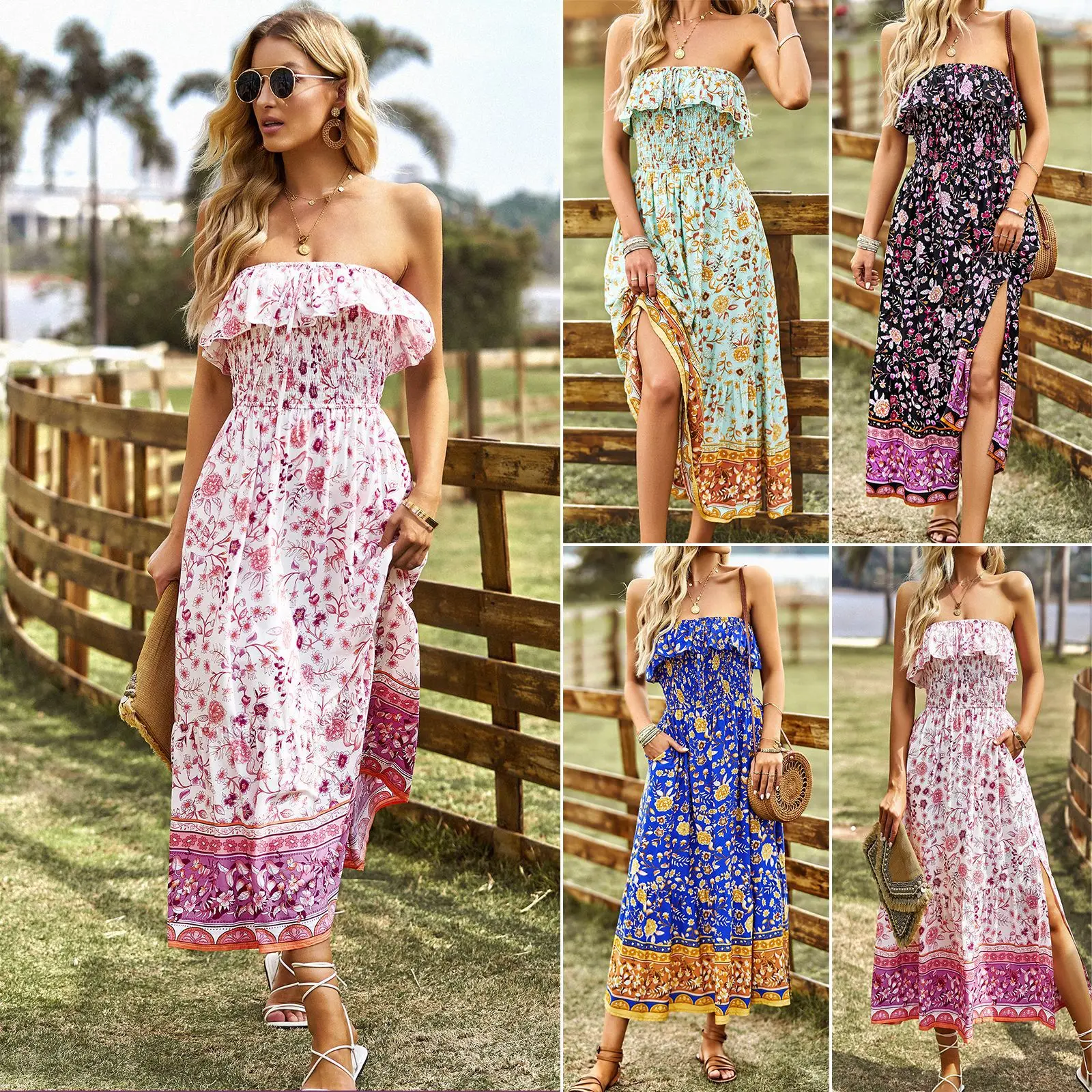 

European and American Strapless Printed Dress Summer Bohemian Casual Holiday Style Long Dresses