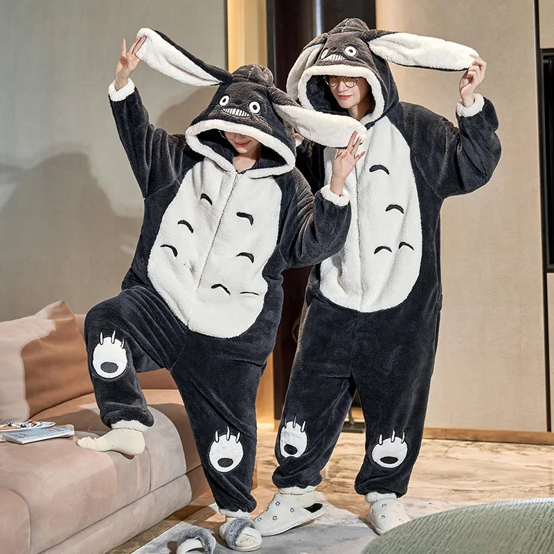 Couples Pajamas Jumpsuits  Women Men Adult Winter Thicken Hoodies Pyjamas Sleepwear Anime Cat Korean Loose Onesie Soft Warm Home