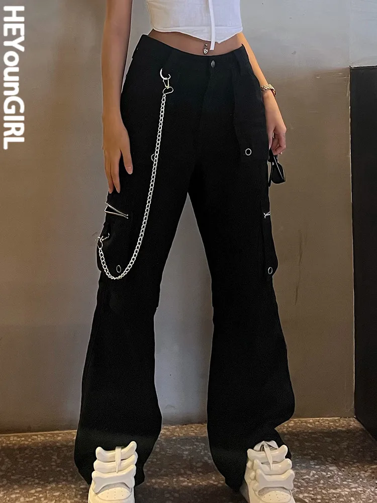 

HEYounGIRL Harajuku Street Baggy Jeans With Chain Fashion 2022 High Waist Cotton Black Cargo Pants Hip Hop Pocket Denim Trousers