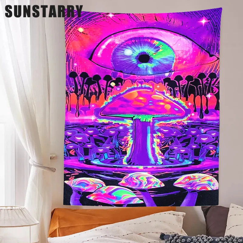 

Psychedelic Mushroom Tapestry Wall Hanging Hippie Eye Trippy Mushroom Background Cloth Wall Decoration Home Art Deco Mural