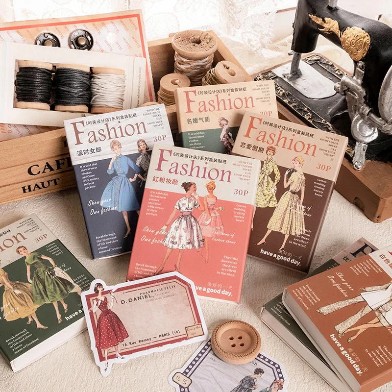 

30 Pcs Vintage Character Texture Fashion Design Series Adhesive DIY Sticker Decoration Craft Scrapbooking Stationery Stickers